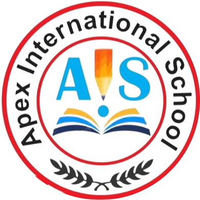 "The official emblem and logo of Apex International School, a leading institution in the Manigachhi and Darbhanga region. The logo features a clean circular design enclosed by a bold red outer border. Wrapped along the top inside curve is the school name, 'Apex International School', written in clear black typography. The center features the letters 'A' and 'S' in bright blue, flanking a central yellow pencil graphic that points down toward a blue circle icon, forming a stylized human figure or a beacon. Below this central motif rests an open book symbol layered in yellow, blue, and black, representing knowledge. A black laurel wreath graphic accents the bottom outer circle, completing the prestigious academic crest."