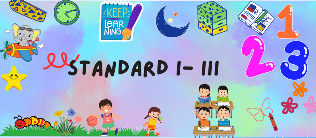 "A vibrant and creative educational graphic banner for Apex International School, designed to highlight the early primary school curriculum for Standard I-III (Classes 1, 2, and 3). The design features a colorful rainbow pastel watercolor gradient background. The center prominently displays the handwritten text 'STANDARD I-III' in dark gray charcoal typography. The banner is filled with cheerful school doodles and illustrations, including large bright numbers 1, 2, and 3, an open alphabet book, a stack of geometric building blocks, a crescent moon, a 'KEEP LEARNING' paintbrush sign, an analog wall clock, a cartoon elephant flying a toy propeller airplane, a yellow smiling star, a colorful caterpillar crawling on a green grass patch with flowers, a cartoon boy and girl running, a group of four primary students sitting attentively at wooden school desks, a butterfly outline, and decorative little star flowers. This visual captures a nurturing, foundational primary curriculum within a premier school network."