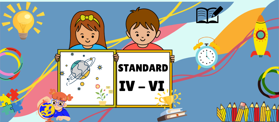 "A creative educational marketing graphic banner for Apex International School, designed to highlight the primary school curriculum for Standard IV–VI (Classes 4, 5, and 6). The design features a light blue background accented by vibrant, multi-colored abstract paintbrush stroke patterns. The center showcases a cartoon illustration of a young girl and boy student together holding an open textbook frame. The left page of the book features a line art drawing of the planet Saturn surrounded by stars, while the right page reads 'STANDARD IV–VI' in bold black lettering. The graphic is decorated with playful school doodles, including a glowing yellow lightbulb, an open book with a pencil, a ticking alarm clock, a yellow space rocket ship launch icon, a collection of sharp colored pencils, a golden winner trophy cup, a small green plant sprout, a puzzle piece, and a stylized globe model. This imagery captures an engaging primary learning curriculum within a premium school network."