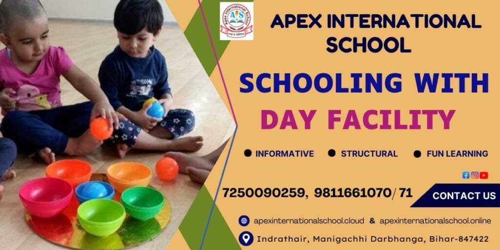 "A digital promotional banner for Apex International School promoting its 'SCHOOLING WITH DAY FACILITY'. The left side features two young toddler children engaged in play-based learning with colorful plastic sorting bowls and balls on the floor. The text on the right highlights three core pillars: Informative, Structural, and Fun Learning. It prominently includes the contact numbers 7250090259 and 9811661070/71, the website links apexinternationalschool.cloud and apexinternationalschool.online, and social media handles. The address at the bottom reads: Indrathair, Manigachhi Darbhanga, Bihar-847422, establishing it as a top childhood development and premier coaching centre in Manigachhi & Darbhanga."