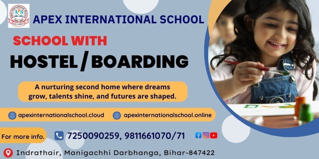 "A digital promotional banner for Apex International School highlighting its 'SCHOOL WITH HOSTEL / BOARDING' facilities. The banner features a blue and white background with a circular inset photo of a smiling young student girl painting. The text reads: 'A nurturing second home where dreams grow, talents shine, and futures are shaped.' It displays the websites apexinternationalschool.cloud and apexinternationalschool.online, alongside contact details 7250090259, 9811661070/71, and social media icons. The address at the bottom reads: Indrathair, Manigachhi Darbhanga, Bihar-847422. This establishes the institution as a leading residential premier coaching centre in Manigachhi & Darbhanga."