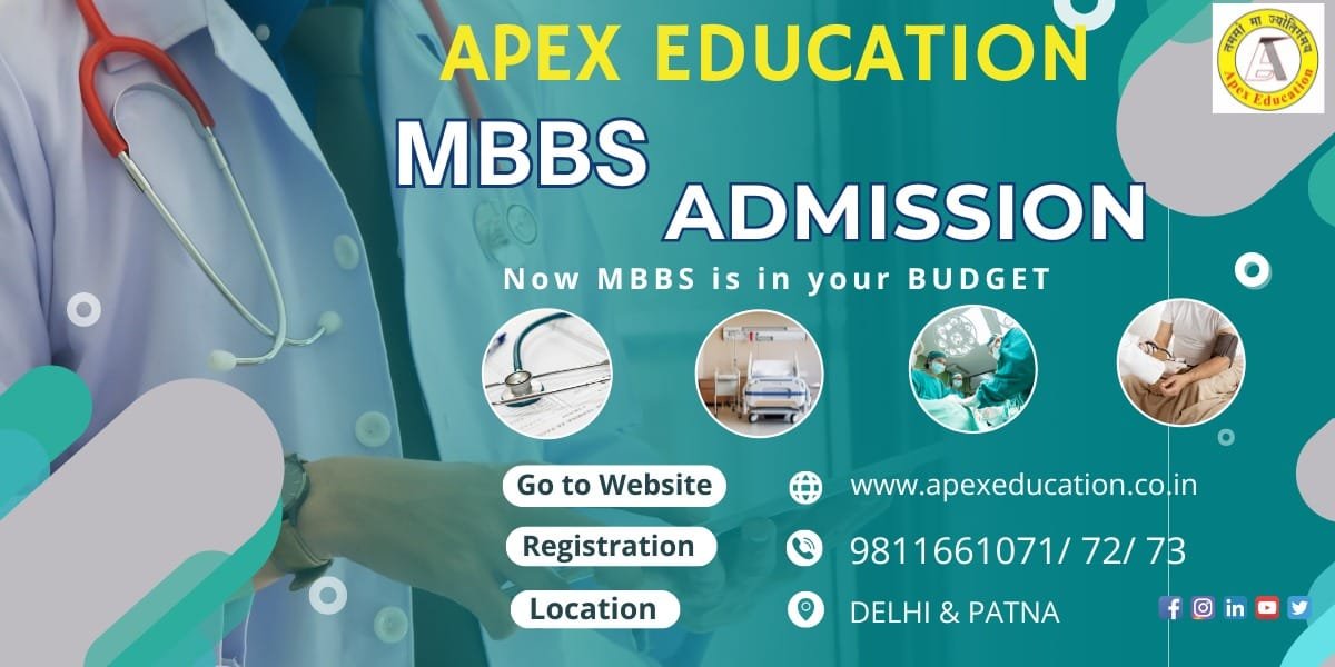 "A digital promotional banner for Apex Education focusing on affordable medical career guidance. The design features a deep teal background with abstract geometric accents. The left side showcases a cropped photo of a medical professional or doctor wearing a white lab coat with a red stethoscope slung over their neck. Bold white and yellow text reads 'APEX EDUCATION MBBS ADMISSION' followed by the tagline 'Now MBBS is in your BUDGET'. Four small circular image inserts display medical themes, including a stethoscope on documents, a hospital room, a surgical setup, and hands-on doctor care. The center displays three pill-shaped buttons labeled 'Go to Website', 'Registration', and 'Location'. The bottom right lists the official domain www.apexeducation.co.in, phone helpline numbers 9811661071 / 72 / 73, and corporate center locations in Delhi & Patna alongside social media icons."