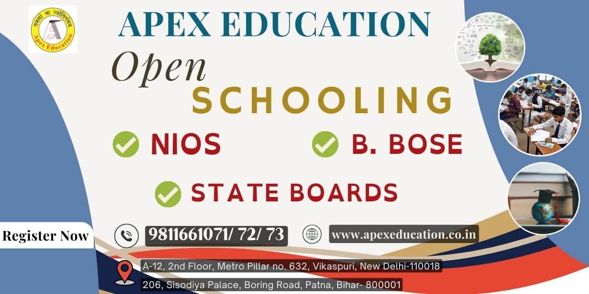 "A digital promotional banner for Apex Education focusing on flexible graduation pathways. The design features a crisp white background framed by abstract wavy deep blue borders. Bold text at the top reads 'APEX EDUCATION Open SCHOOLING'. Three core open learning tracks are highlighted with green checkmarks: NIOS, B. BOSE, and STATE BOARDS. The right side features three small circular image bubbles showing educational themes: a green sapling growing from an open book, an active student classroom session, and a graduation cap resting on textbooks. A thin black banner at the bottom left reads 'Register Now'. The center section lists phone helpline numbers 9811661071 / 72 / 73 and the website www.apexeducation.co.in. Two branch addresses are detailed at the bottom with pin icons: A-12, 2nd Floor, Metro Pillar No. 632, Vikaspuri, New Delhi - 110018 and 204, Shradha Palace, Boring Road Chauraha, Boring Road, Patna, Bihar - 800001.