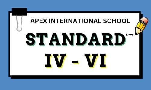 "A digital promotional banner graphic for Apex International School, designed for primary school enrollment in Standard IV - VI. The design features a solid blue background with a central white rectangular message board layout that has a prominent black binder clip on the top left corner. The header text inside reads 'APEX INTERNATIONAL SCHOOL' in a clean, black sans-serif font. Below, the word 'STANDARD' is written in a bold, black typeface with a green shadow effect. The class range 'IV - VI' is featured below it in a bold black font with a yellow shadow outline. A cute cartoon graphic illustration of a short yellow pencil drawing a squiggly line sits on the right side, symbolizing primary education and foundational learning within the premier school and coaching facilities in the Manigachhi and Darbhanga region."