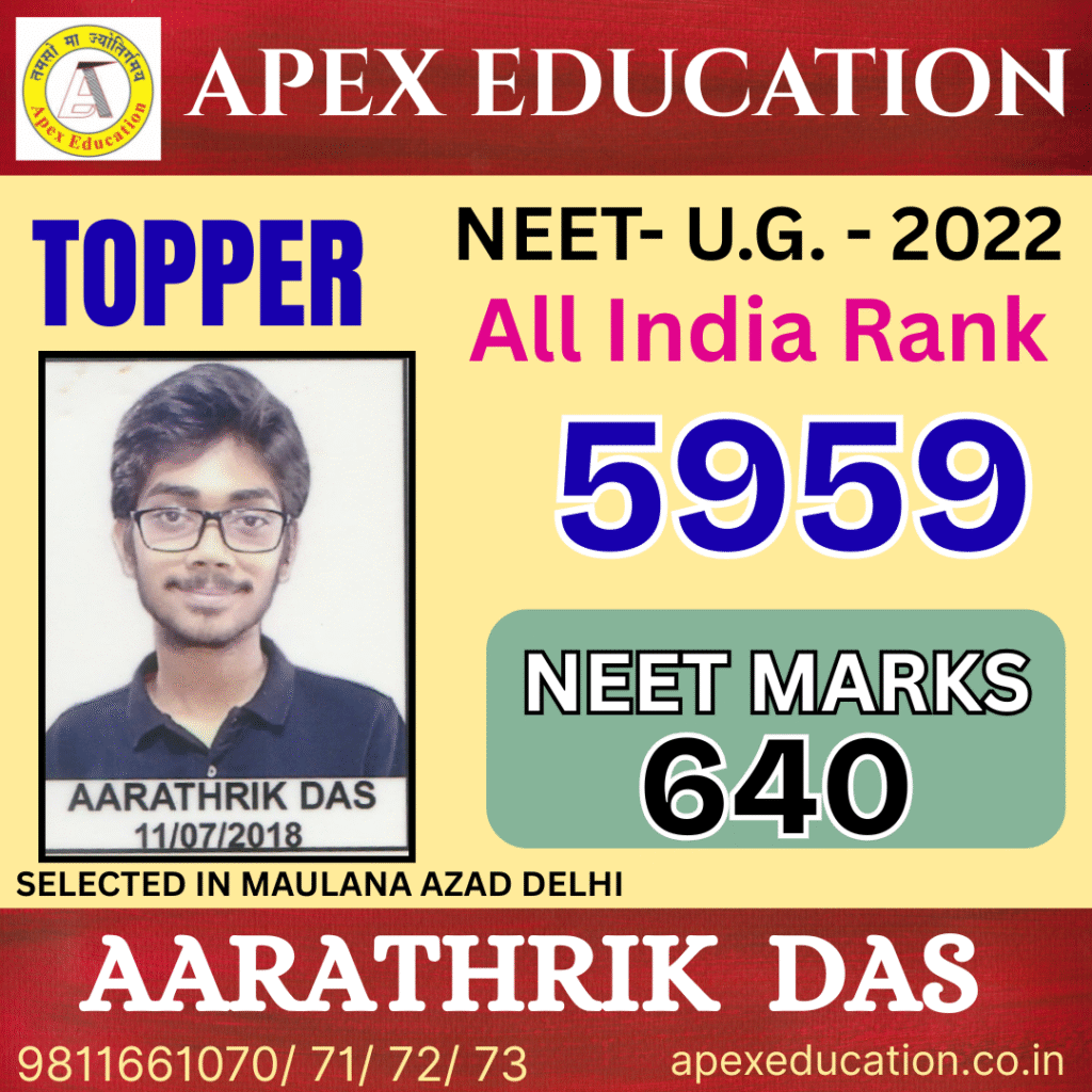 NEET topper Aarathrik Das from Apex Education, the premier coaching classes for NEET and IIT-JEE in Darbhanga, Manigachhi, Muzaffarpur, and Samastipur, securing All India Rank 5959 with 640 marks.