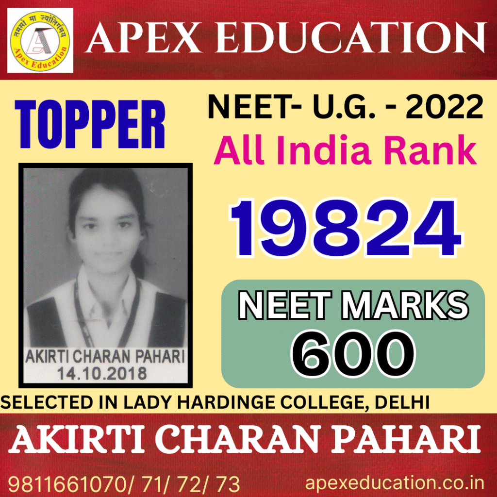 NEET topper Akirti Charan Pahari from Apex Education, the premier coaching classes for NEET and IIT-JEE in Darbhanga, Manigachhi, Muzaffarpur, and Samastipur, securing All India Rank 19824 with 600 marks.