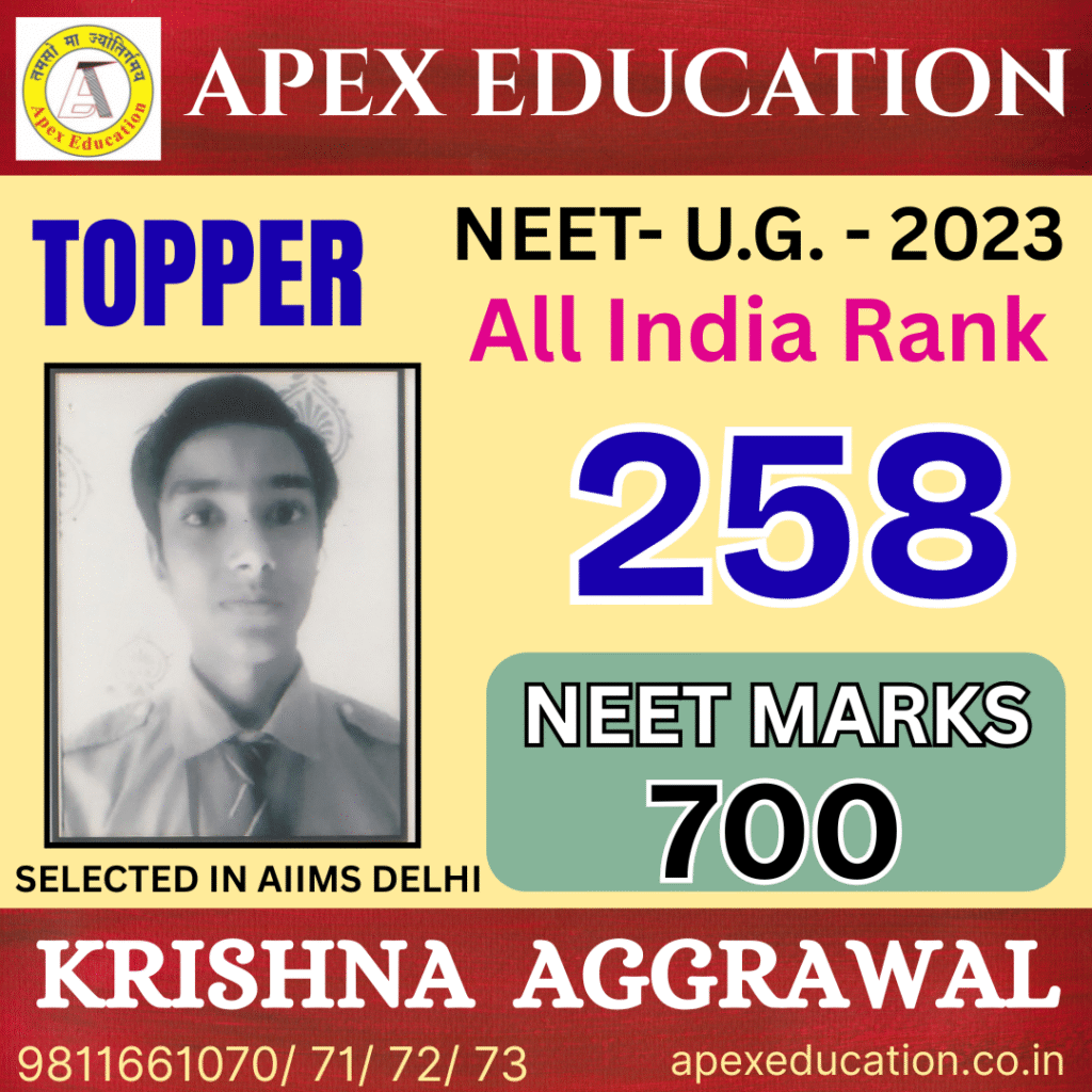 NEET topper Krishna Aggrawal from Apex Education, the premier coaching classes for NEET and IIT-JEE in Darbhanga, Manigachhi, Muzaffarpur, and Samastipur, securing All India Rank 258 with 700 marks.