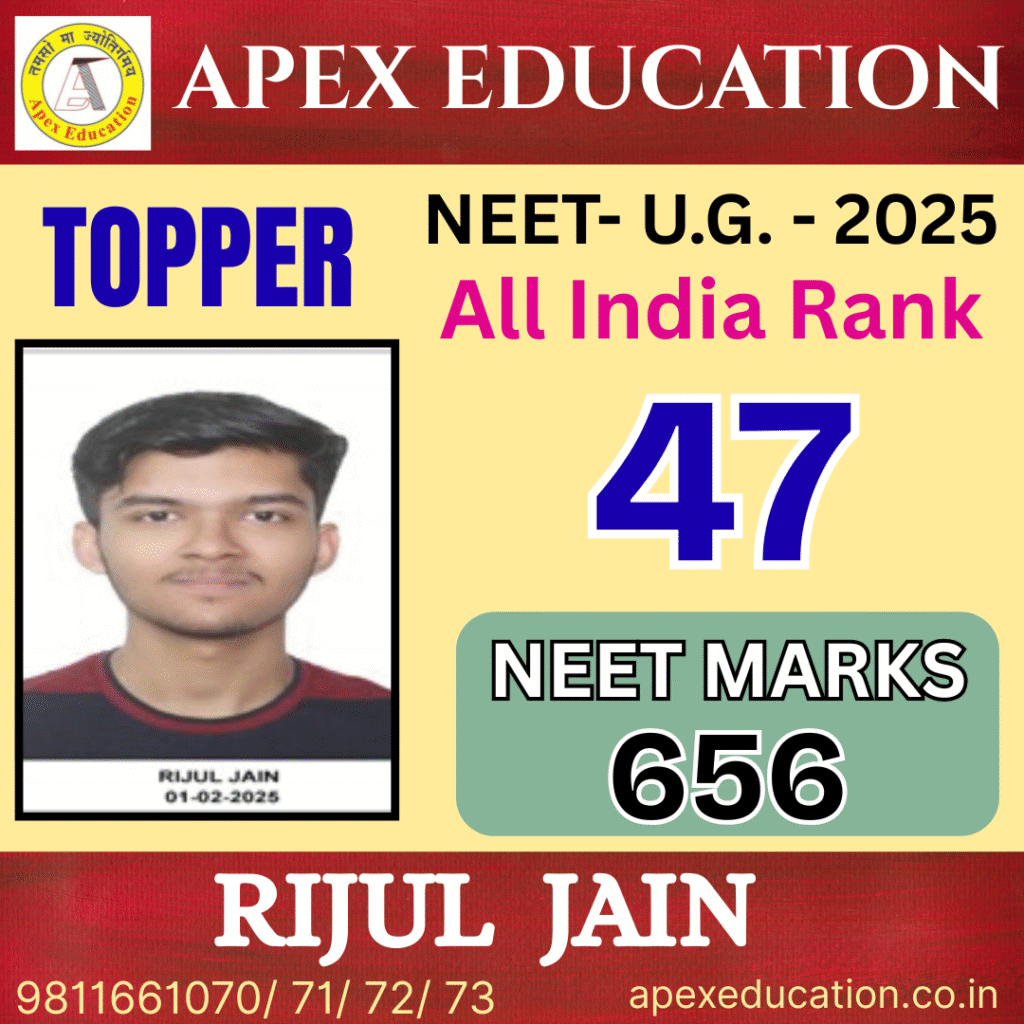 NEET topper Rijul Jain from Apex Education, the premier coaching classes for NEET and IIT-JEE in Darbhanga, Manigachhi, Muzaffarpur, and Samastipur, securing All India Rank 47 with 656 marks.