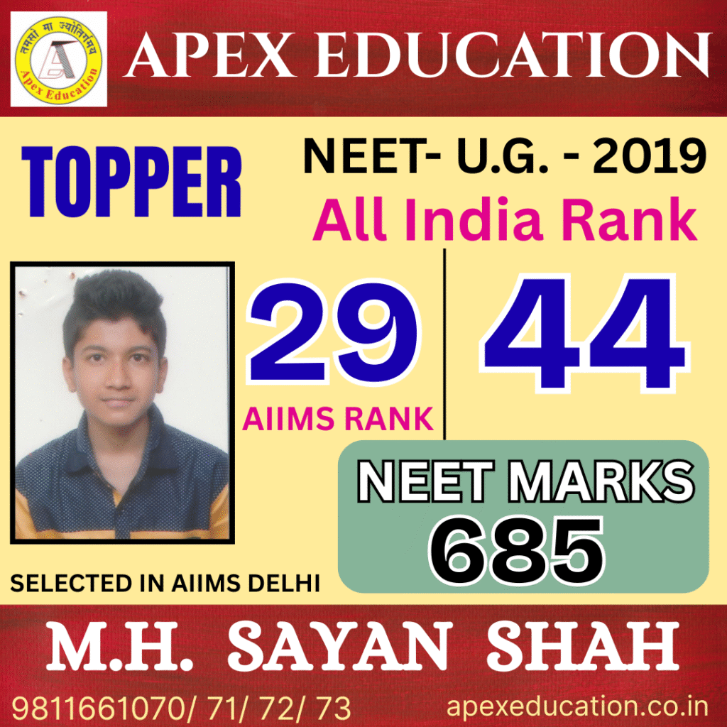 NEET topper M.H. Sayan Shah from Apex Education, the premier coaching classes for NEET and IIT-JEE in Darbhanga, Manigachhi, Muzaffarpur, and Samastipur, securing All India Rank 44 and AIIMS Rank 29.