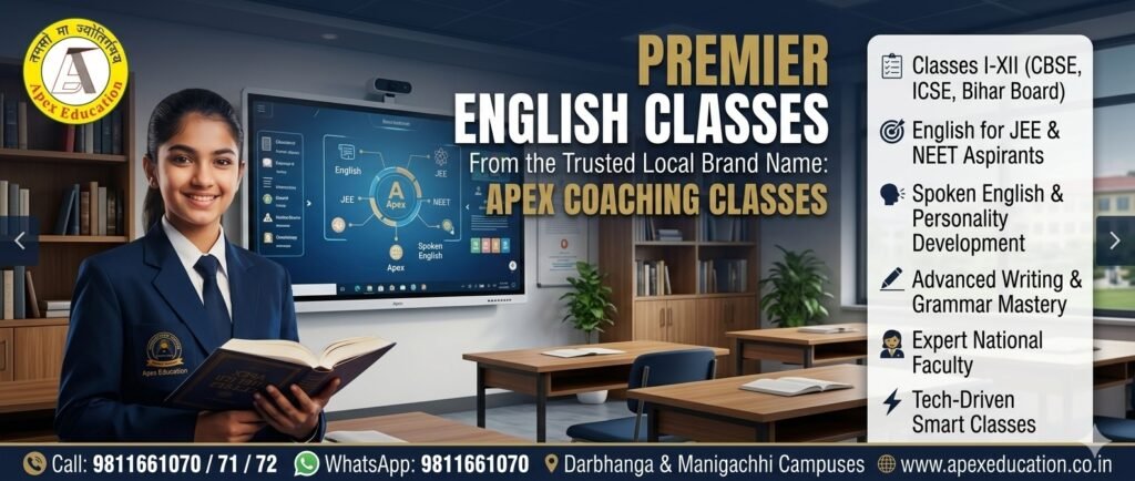 Professional website banner for English classes by Apex Education, a renowned coaching center offering premium language training for CBSE and Bihar Board students in Darbhanga and Manigachhi, Bihar.