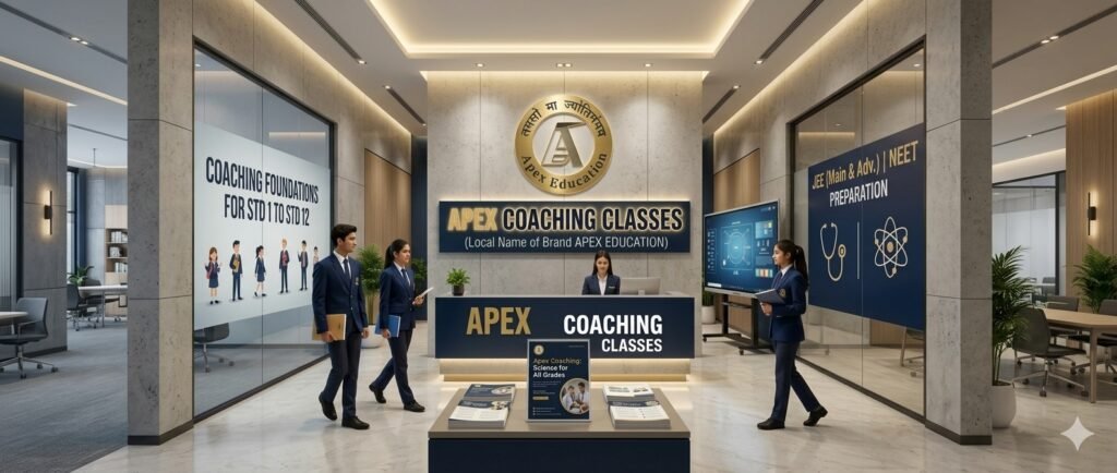Modern reception interior of Apex Coaching Classes in Bihar, a renowned institute offering foundation courses for STD 1 to 12 and premier JEE and NEET preparation.
