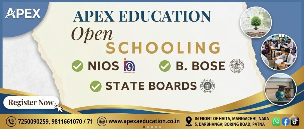 Professional website banner for NIOS and B.Bose open schooling admission support at Apex Education, a renowned coaching institute serving students across Manigachhi, Darbhanga, Patna, and Delhi.