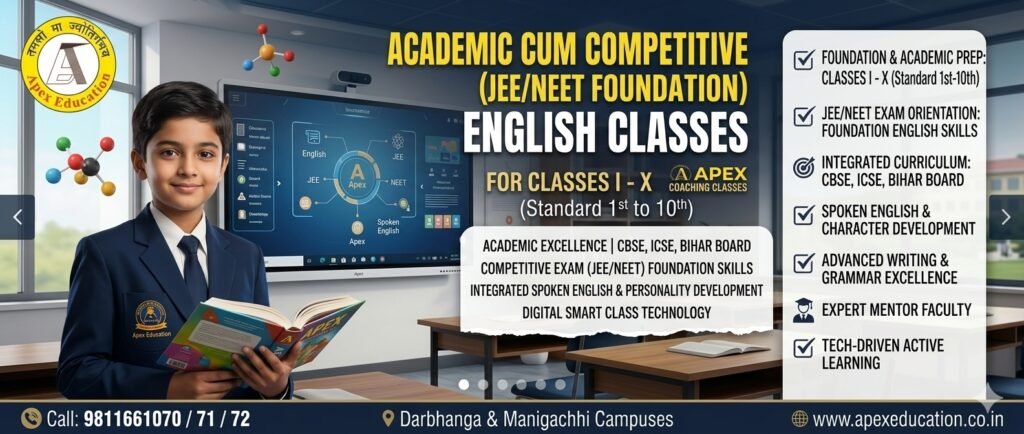 Professional website carousel banner for school foundation programs at Apex Coaching Classes, a renowned institute providing excellent academic and competitive JEE/NEET prep for Classes 1 to 10 in Manigachhi and Darbhanga, Bihar.