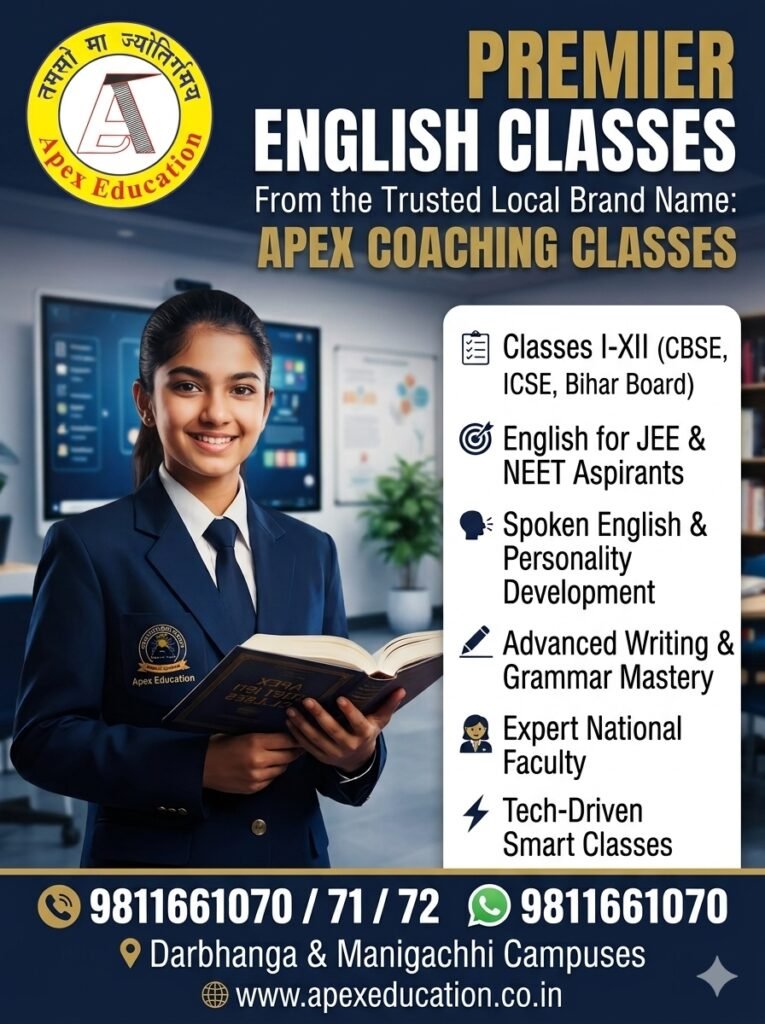 Premier English coaching banner for Class 1 to 12 boards, spoken English, and competitive exam preparation at Apex Coaching Classes by Apex Education in Darbhanga and Manigachhi.
