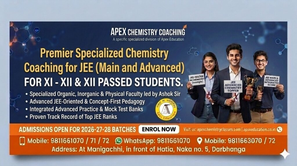 Premier IIT-JEE Main and Advanced engineering coaching banner for Class 11, Class 12, and XII passed dropper students at Apex JEE Coaching in Darbhanga and Manigachhi.