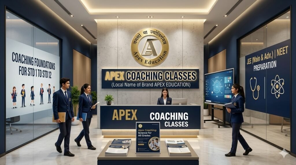 Modern reception area of Apex Coaching Classes by Apex Education showing student counseling desk, digital interactive learning screens, and informational boards for IIT-JEE, NEET, and school foundation courses.