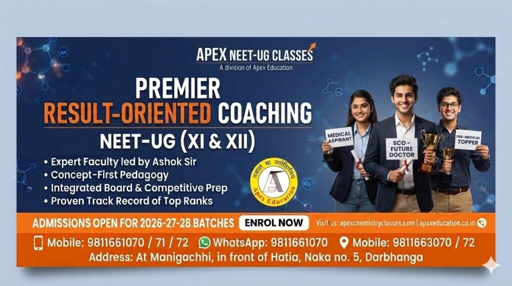 Premier specialized NEET-UG Chemistry coaching banner for Class 11, 12, and droppers by Apex Chemistry Coaching at Darbhanga and Manigachhi campuses.