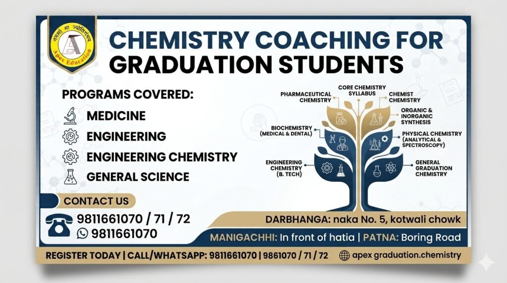 Chemistry coaching banner for graduation students covering Medicine, Engineering Chemistry, and General Science modules at Apex Coaching Classes by Apex Education in Patna, Darbhanga, and Manigachhi.