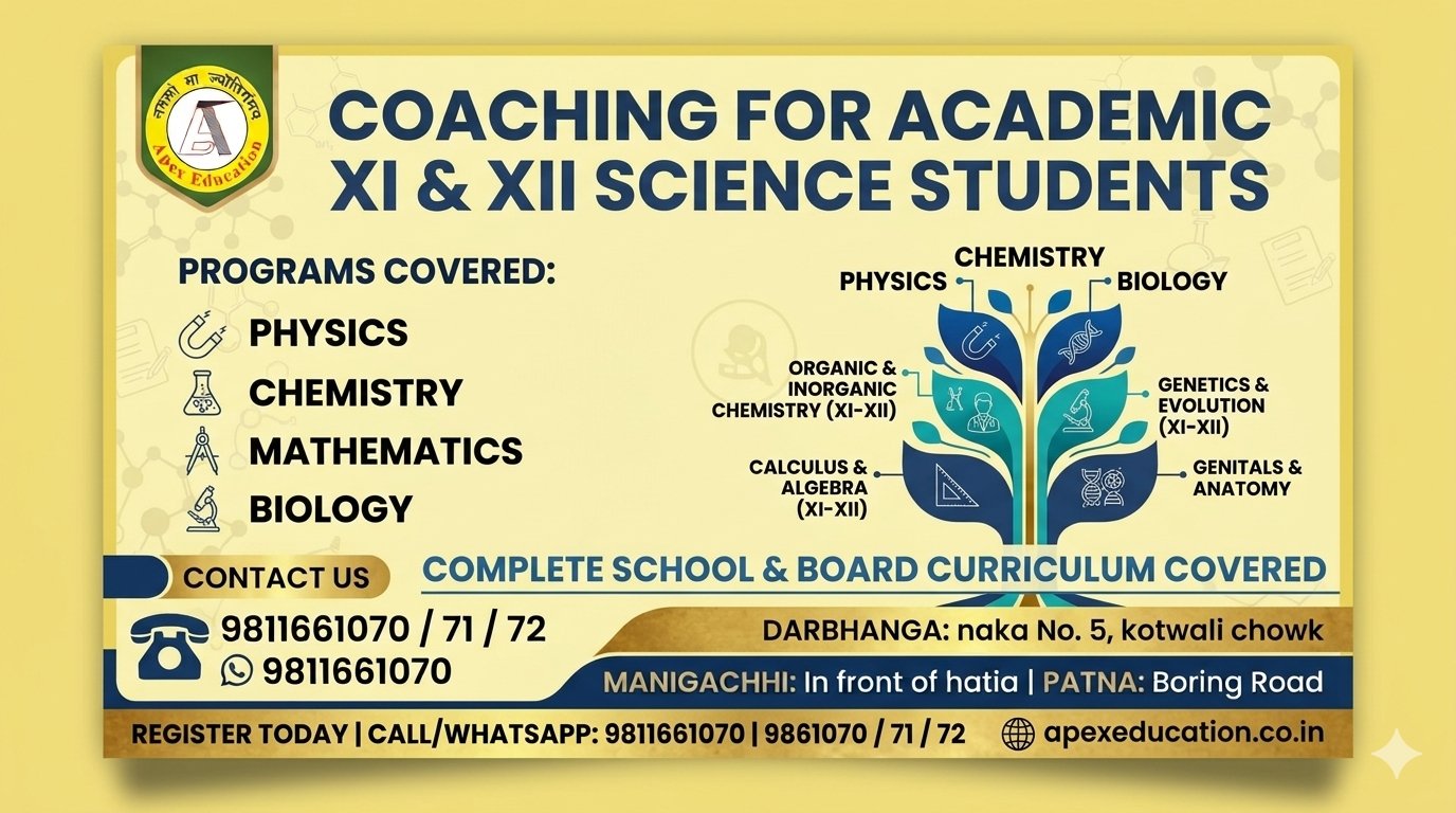 Coaching banner for academic Class 11 and 12 Science stream students covering Physics, Chemistry, Mathematics, and Biology for school board exams at Apex Coaching Classes (Apex Education).