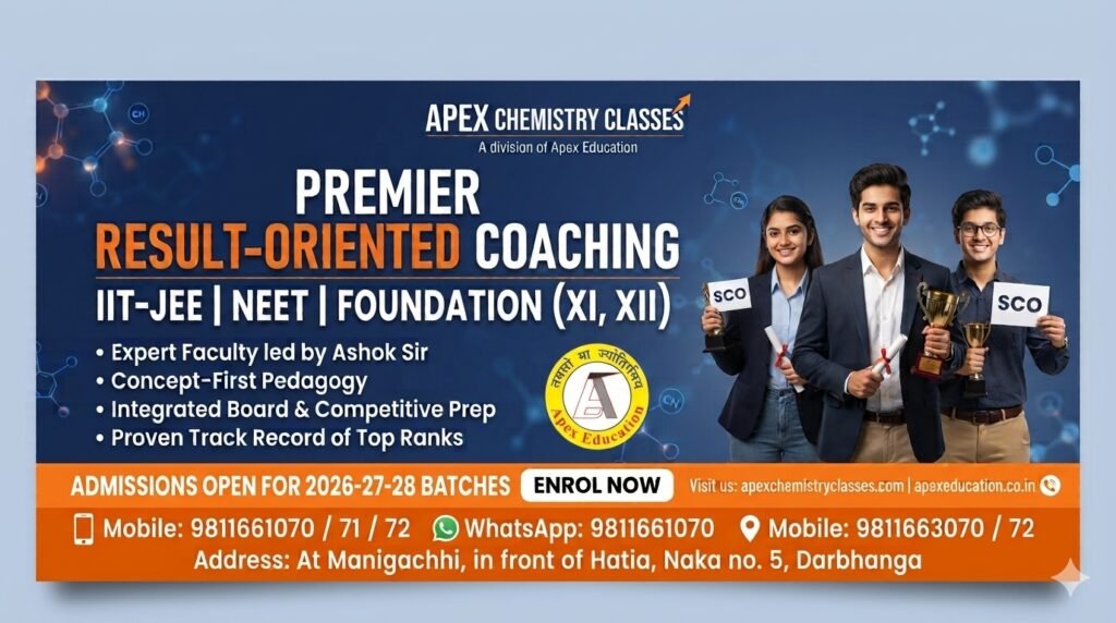 Integrated result-oriented IIT-JEE, NEET, and board foundation coaching banner for Class 11 and Class 12 science students at Apex Chemistry Classes in Darbhanga and Manigachhi.