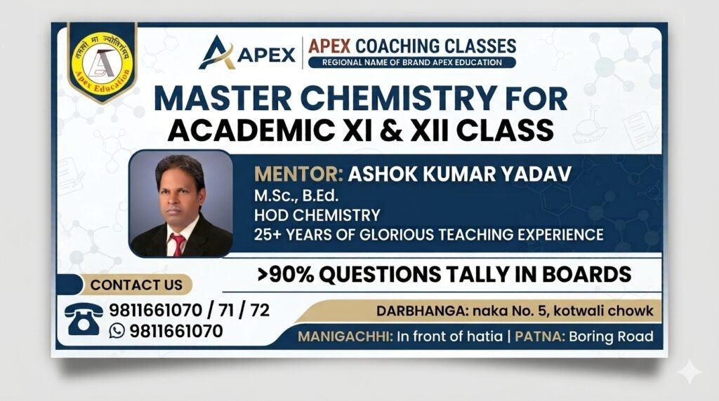 Academic Chemistry coaching banner for Class 11 and 12 boards by HOD Ashok Kumar Yadav at Apex Coaching Classes, Apex Education in Patna, Darbhanga, and Manigachhi.