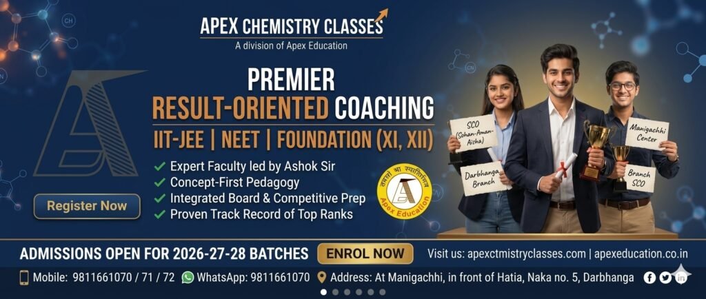 Professional website carousel banner for Apex Chemistry Classes in Bihar, a renowned institute offering excellent IIT-JEE, NEET, and Class 11 and 12 foundation coaching led by Ashok Sir in Manigachhi and Darbhanga.