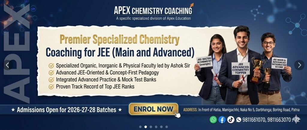Professional website carousel banner for Apex Chemistry Coaching in Bihar, a renowned institute offering premier JEE Main and Advanced coaching led by Ashok Sir for CBSE and Bihar Board students in Manigachhi and Darbhanga.