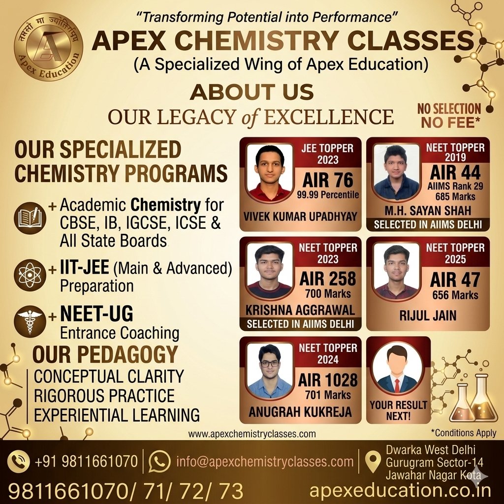 Educational banner for Apex Chemistry Classes, a specialized wing of Apex Education, highlighting top student ranks for IIT-JEE (Main and Advanced) and NEET-UG entrance coaching alongside academic board preparation.