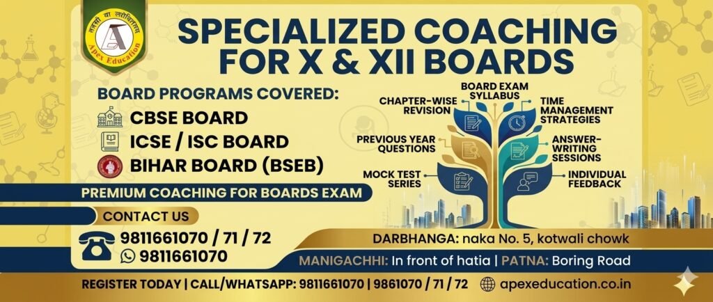 Apex Education banner for professional coaching in Manigachhi and Darbhanga Bihar, offering excellent board programs for CBSE and Bihar Board (BSEB) X and XII classes.