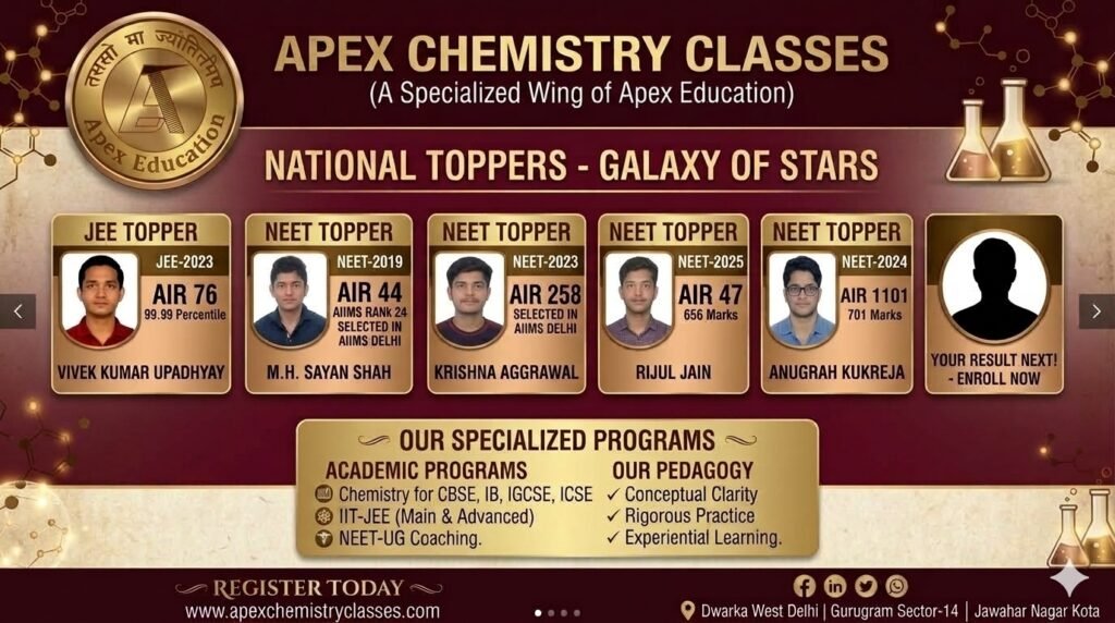 Professional website carousel banner for Apex Chemistry Classes, a renowned institute in Bihar offering premier IIT-JEE and NEET coaching with a legacy of top national ranks for CBSE and Bihar Board students.